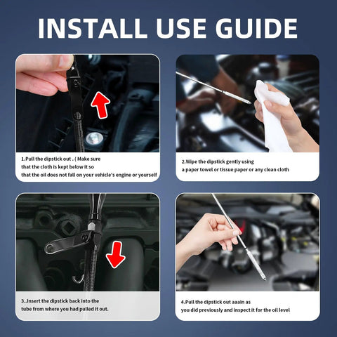 Installation guide for Flexible 21.79 Inch Oil Dipstick For LS Truck Engines showing step-by-step instructions with images.