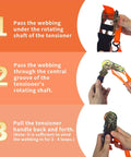 Instructions for using 8 Pack 1 Inch Ratchet Straps 15 Feet Long Heavy Duty Tie Down Straps Beefy 880 Lb Working Load And 1760 Lb Break Strength for Trucks Trailers Motorcycles And Cargo, showing how to pass webbing through tensioner.