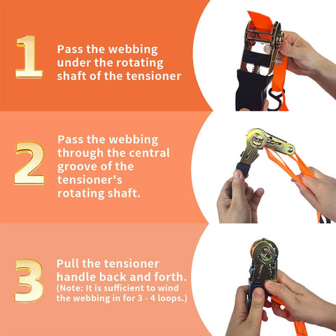 Instructions for using 8 Pack 1 Inch Ratchet Straps 15 Feet Long Heavy Duty Tie Down Straps Beefy 880 Lb Working Load And 1760 Lb Break Strength for Trucks Trailers Motorcycles And Cargo, showing how to pass webbing through tensioner.