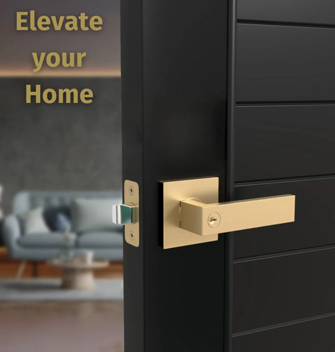 Entry Lever Door Handle And Single Cylinder Deadbolt Lock Combo Pack Heavy Duty Satin Brass Reversible Square Locking Lever Set