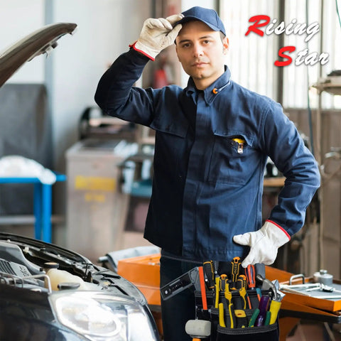Mechanic wearing uniform with Oil Tanned Leather Tool Belt With Padded Belt 18 Pocket Carpenter Pouches And Dual Hammer Holsters
