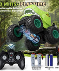Remote Control Dinosaur Monster Truck For Kids Ages 4 7 8 12 With 50 Minutes Plus Runtime LED Lights Spray Effect 360 Degree Spin 90 Degree Upright On Two Wheels Stunt RC Car For Boys Birthday Gift Epic All Day Fun in forest scene with controller and batteries
