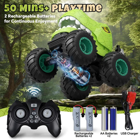 Remote Control Dinosaur Monster Truck For Kids Ages 4 7 8 12 With 50 Minutes Plus Runtime LED Lights Spray Effect 360 Degree Spin 90 Degree Upright On Two Wheels Stunt RC Car For Boys Birthday Gift Epic All Day Fun in forest scene with controller and batteries
