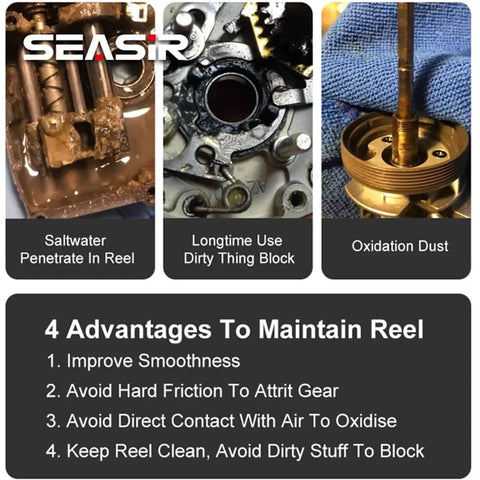Comparison of reel maintenance challenges highlighting saltwater, oxidation, and dirt blockage with Fishing Reel Oil and Grease Kit Two Piece for Spinning and Baitcasting Reels All In One Pro Grade Lubricant for Bearings Bushings and Shafts in Freshwater and Saltwater