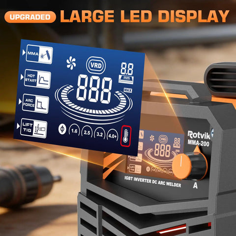 200 Amp Dual Voltage MMA Welder with large LED display showing settings, including Hot Start, Arc Force, and Lift TIG.