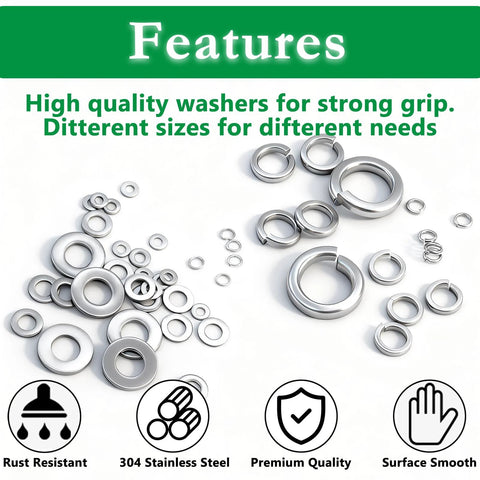 Assorted stainless steel split lock washers in multiple sizes; rust-resistant, smooth finish.