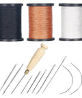 Three Spool Nylon Thread Sewing Kit With Pro Grade 3 Spools Of 80 Yards In Black White And Brown Heavy Duty Needles Set Five Straight And Two Curved Sewing Awl Ideal For Upholstery Leather Shoes And DIY Crafts.