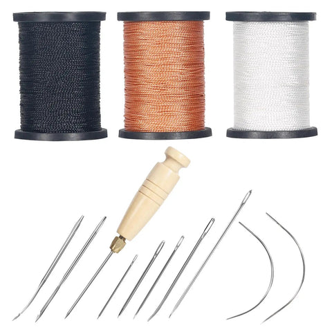 Three Spool Nylon Thread Sewing Kit With Pro Grade 3 Spools Of 80 Yards In Black White And Brown Heavy Duty Needles Set Five Straight And Two Curved Sewing Awl Ideal For Upholstery Leather Shoes And DIY Crafts.
