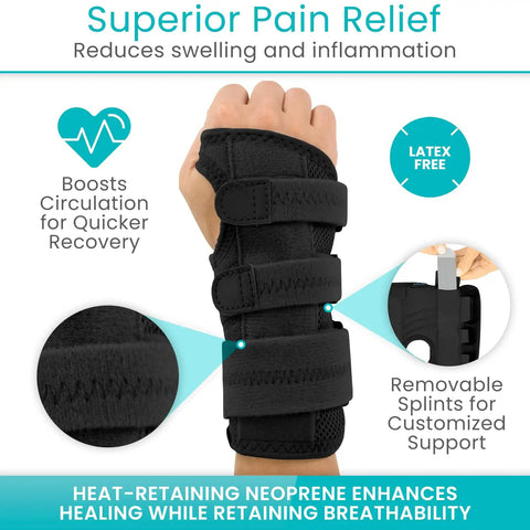Carpal Tunnel Wrist Brace With Splint For Left Or Right Hand Adjustable Night Support Immobilizer, neoprene, black, on hand.