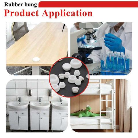 80 Piece Silicone Hole Plug Set For DIY Projects in use on desk, lab, bathroom sink, and bunk bed scenarios