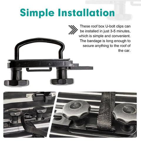 Roof Box U-Bolt Clamp Set For Roof Rack, simple installation with lock nuts, universal exterior mounting brackets, black metal kit.