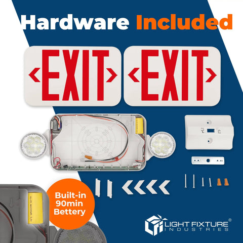 Compact Combo Exit Sign With Emergency Lights Red LED, White Housing, hardware included, UL 924 Listed, shown disassembled