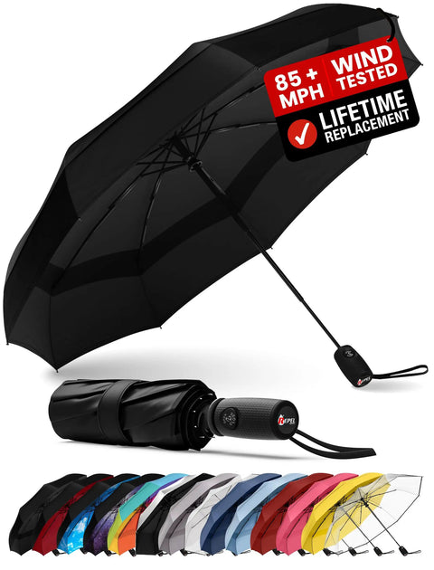Windproof Travel Umbrella Auto Folding With 85 MPH Wind Resistance Beastly Compact Rain And Sun Shield, with color options.