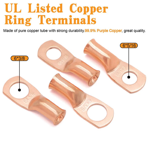 6 AWG Tinned Copper Battery Wire Kit With 13.1 Ft Red And Black Power Cables UL1015 CSA Approved Includes Two 6.5 Ft Cables, Six Three-Eighths Inch Lugs, Six Five-Sixteenths Inch Lugs, Heat Shrink Tubing, OFC Welding Cable For Inverters And Boats. UL listed copper ring terminals, 6x3/8 and 6x5/16, tinned copper