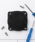 Three Pack Rubber Pressure Switch Gaskets For Air Compressors, Wear-Resistant Seal Pads, Leakproof Switch Seals, Go-To Replacement Spare Parts For Air Pumps And DIY Compressor Repairs, black rubber gasket with screws and screwdrivers