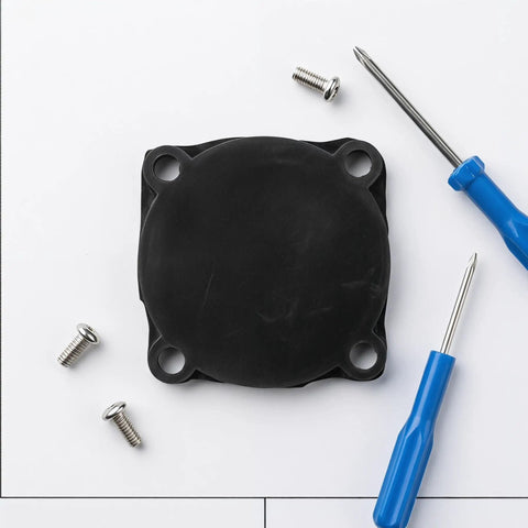 Three Pack Rubber Pressure Switch Gaskets For Air Compressors, Wear-Resistant Seal Pads, Leakproof Switch Seals, Go-To Replacement Spare Parts For Air Pumps And DIY Compressor Repairs, black rubber gasket with screws and screwdrivers