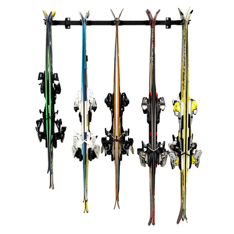 Heavy Duty Wall Mount Ski Storage Rack Designed To Hang Ten Pairs Of Skis And Poles With A Tough Three Hundred Pound Weight Capacity For All Your Gnarly Daytime Runs, displaying six pairs of skis.