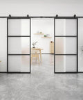 Two 36 Inch By 84 Inch Frosted Glass Barn Door Panels With Top Mounted Hardware And Soft Close Kit 72 Inch By 84 Inch Interior Sliding Glass Door In Black Carbon Steel Frame Dope Sleek Look