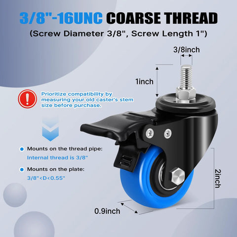 Diagram of 2 Inch Heavy Duty Threaded Stem Caster Wheels with 3/8-16 Threaded Screws, showing dimensions and locking features.