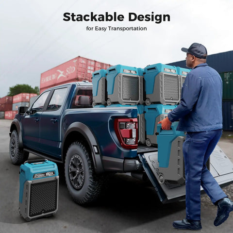 Heavy Duty Commercial Dehumidifier With Built In Pump stacked in truck bed for easy transportation, showcasing durable design.