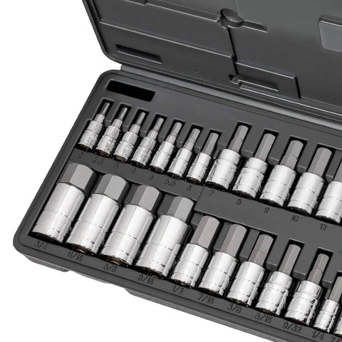 33 Piece Hex Socket Master Set For SAE And Metric Allen Bits In Quarter Inch, Three Eighth Inch, And Half Inch Drives, S2 Steel, in case