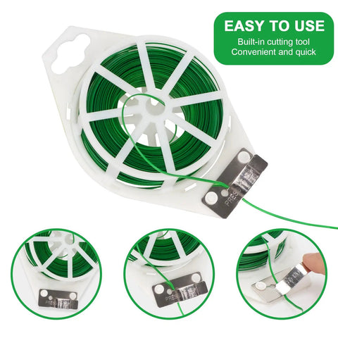 Two Pack 492Ft Garden Twist Ties With Built In Cutter displayed in close-up with PVC-coated green wire and cutting tool