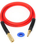 Three Eighths Inch By Six Foot Lead-In Air Hose For Compressors With Heavy-Duty Lightweight Flexible Kink-Resistant Whip Hose And Quarter Inch Industrial Brass Fittings Red 300 PSI, displayed coiled with brass fittings and blue tape