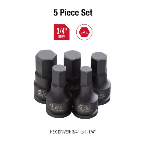 Heavy Duty 3/4 To 1-1/4 Inch Drive Impact Hex Driver Set, 5-Piece SAE, Cr-Mo Steel, Solid One-Piece Construction