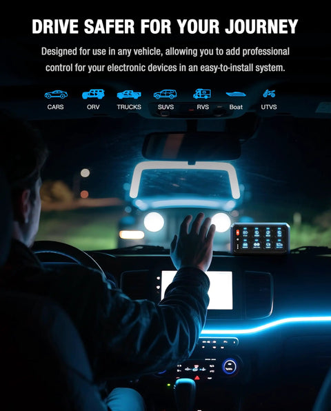 Person using Eight Gang RGB Switch Panel With Waterproof Relay Box Adjustable Brightness in vehicle at night