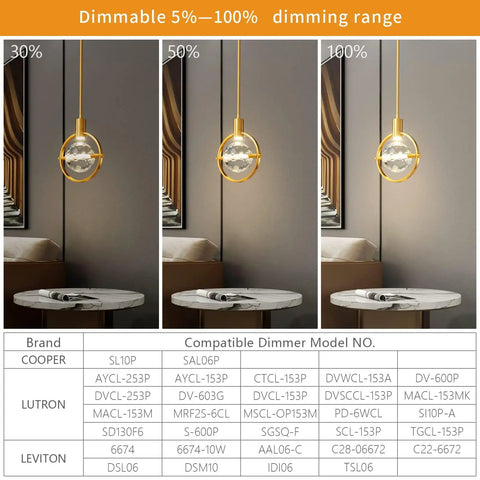 Dope Modern Crystal Pendant Light In Gold Brushed Brass Finish With 4.33 Inch K9 Crystal showing dimmable light settings