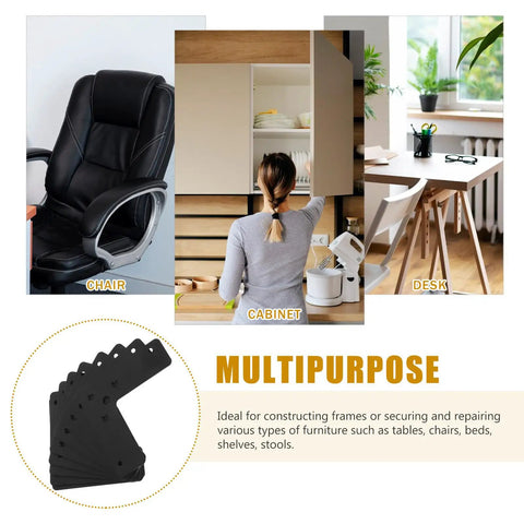Built Tough L Shaped Corner Braces For Furniture Repair Stainless Steel Black 10 Pack next to chair, cabinet, desk examples.