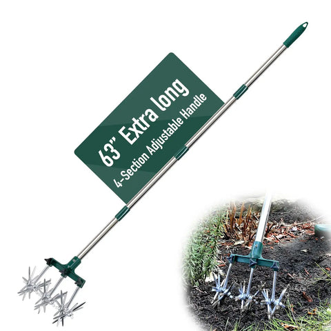 63 Inch Long Handle Rotary Tiller For Easy Gardening Adjustable From 25 To 63 Inches Aluminum Detachable Tines