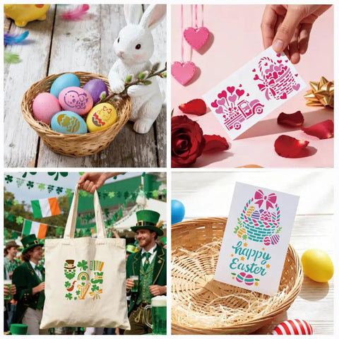 Spring Season Reusable Art Stencils For Painting 12 Piece Collection featuring heart clover and rabbit motifs on various crafts.