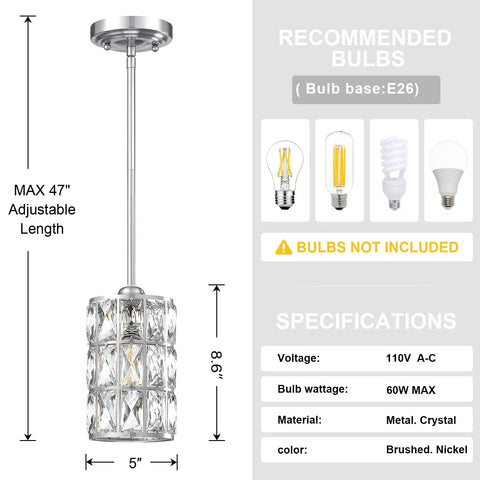 Three Pack 5 Inch Crystal Pendant Lights For Kitchen Island Bar Brushed Nickel Finish Modern Hanging Light Fixture With Crystal Shade Dimmable Over Sink Dining Room Corridor Living Room. Image shows pendant light dimensions, max length 47 inches, specifications, recommended bulb types.