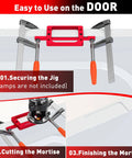 Pro Grade 6061 Aluminum Door Hinge Template Kit For Router And Jamb shown in use for securing, cutting, and finishing mortises.