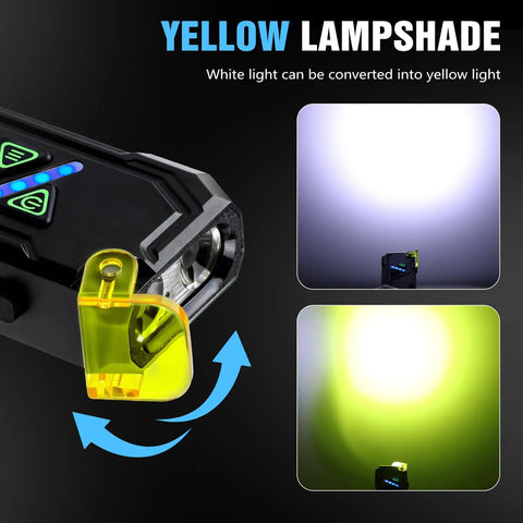 Compact EDC Flashlight With 1000 Lumens White LED UV RGB Modes, Yellow Diffuser, USB C Rechargeable, Black Finish close-up.