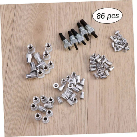 Heavy Duty Rivet Nut Installation Kit With 86pc Assorted M5 M7 M8 Threads And Sturdy Aluminum Tool For Easy Assembly Work That Slays. 86pc M5 M7 M8 rivet nuts laid out on wood