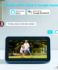 Display showing solar powered outdoor security camera 2K footage of people playing soccer, compatible with Alexa and Google Home.