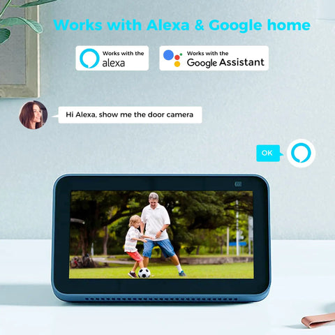 Display showing solar powered outdoor security camera 2K footage of people playing soccer, compatible with Alexa and Google Home.
