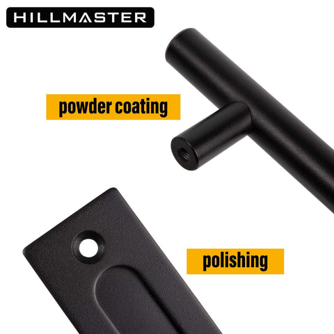 Close-up of 12 Inch Beefy Heavy Duty Sliding Barn Door Pull Handle Set, powder-coated black finish, solid steel, rustproof design.
