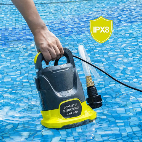 Rock Solid Heavy Duty Workhorse 1HP Submersible Sump Pump Yields Killer 3700GPH Water Flow in pool water for drainage use.