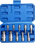 Ten Piece Spline Socket Bit Set For Auto And Garage Work, M Type 12 Point Polydrive Drive Sockets M4 To M18 in blue case