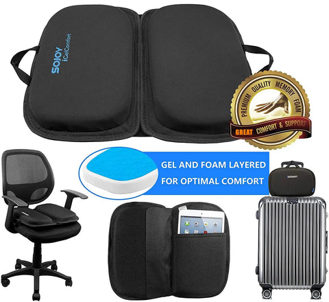 Sojoy Gel Comfort Foldable Seat Cushion With Memory Foam for Tailbone Support, 20x13 inch portable black cushion.