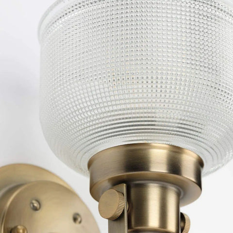Archie Collection Clear Double Prismatic Glass Coastal Bath Vanity Light Fixture Three Light Vintage Brass Finish close-up