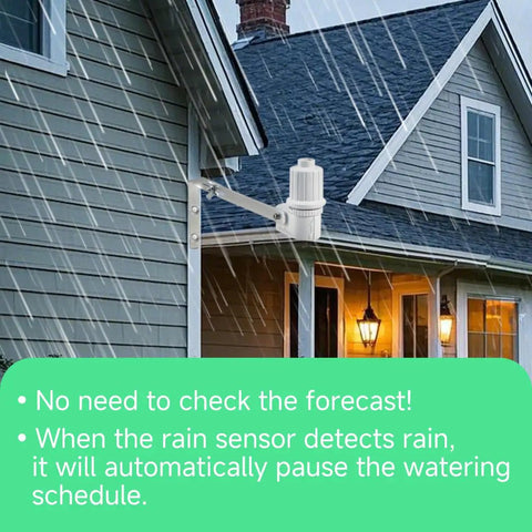 Rainfall on house with Smart Sprinkler Controller Pro rain sensor interface visible, highlighting automatic watering pause feature.