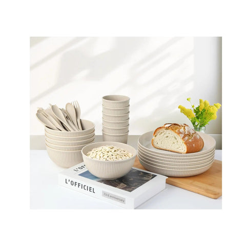 36 Piece Reusable Wheat Straw Dinnerware Set For Six With Plates, Bowls, Cups, And Utensils, Unbreakable, Eco Friendly Outdoor Dining