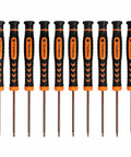 Slick Ten Piece Magnetic Torx Screwdriver Set With T2 Through T15 Security Drivers and Hollow Tips for gadget repairs on a white background.