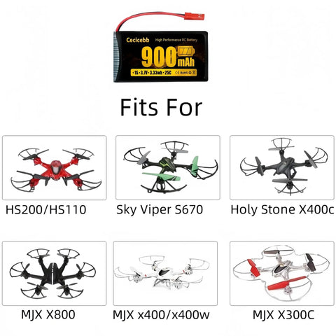Image of 3.7V 900mAh LiPo Battery With JST Plug For MJX Syma Holy Stone Sky Viper RC Drones Including X56W X400 X400W X300C X400C X800 HS110 HS200 S670 Twin Pack Rechargeable Drone Batteries with compatible models.