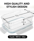 Dimensions of 16 Piece Glass Meal Prep Set With 8 Containers Each 30 Oz, Lids Included, Airtight And Leak Proof, BPA Free, Freezer To Oven.