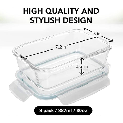 Dimensions of 16 Piece Glass Meal Prep Set With 8 Containers Each 30 Oz, Lids Included, Airtight And Leak Proof, BPA Free, Freezer To Oven.